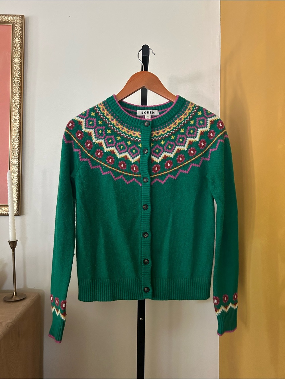 Boden Edie Fair Isle Cardigan Sweater Yoke Button Front Crewneck Green Size XS - Picture 3 of 7